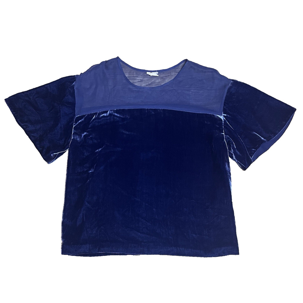 J Crew Blue Velour Velvet Sheer Top Flare Short Sleeve Silk Blend Size 6 S/M